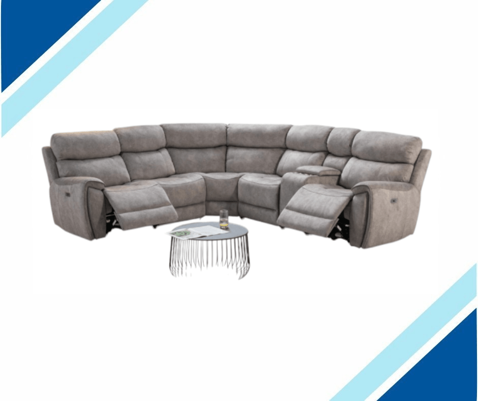 Seville Fabric Modular Corner Sofa with electric recliner and USB ports in grey.