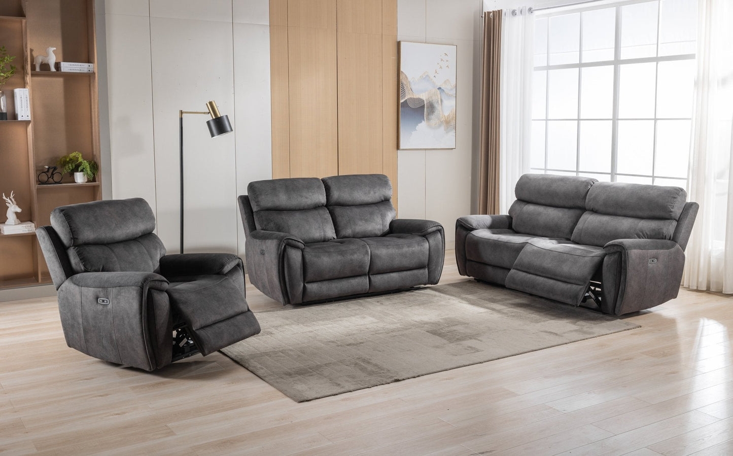 Seville Fabric Modular Recliner Sofa in grey with electric reclining and USB ports in living room setting.