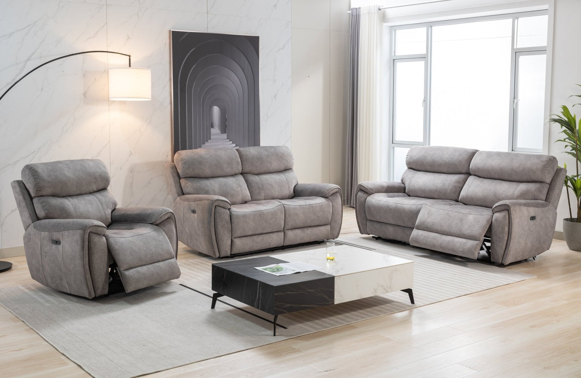 Seville Fabric Modular Recliner Sofa set in grey, featuring electric reclining and USB ports.