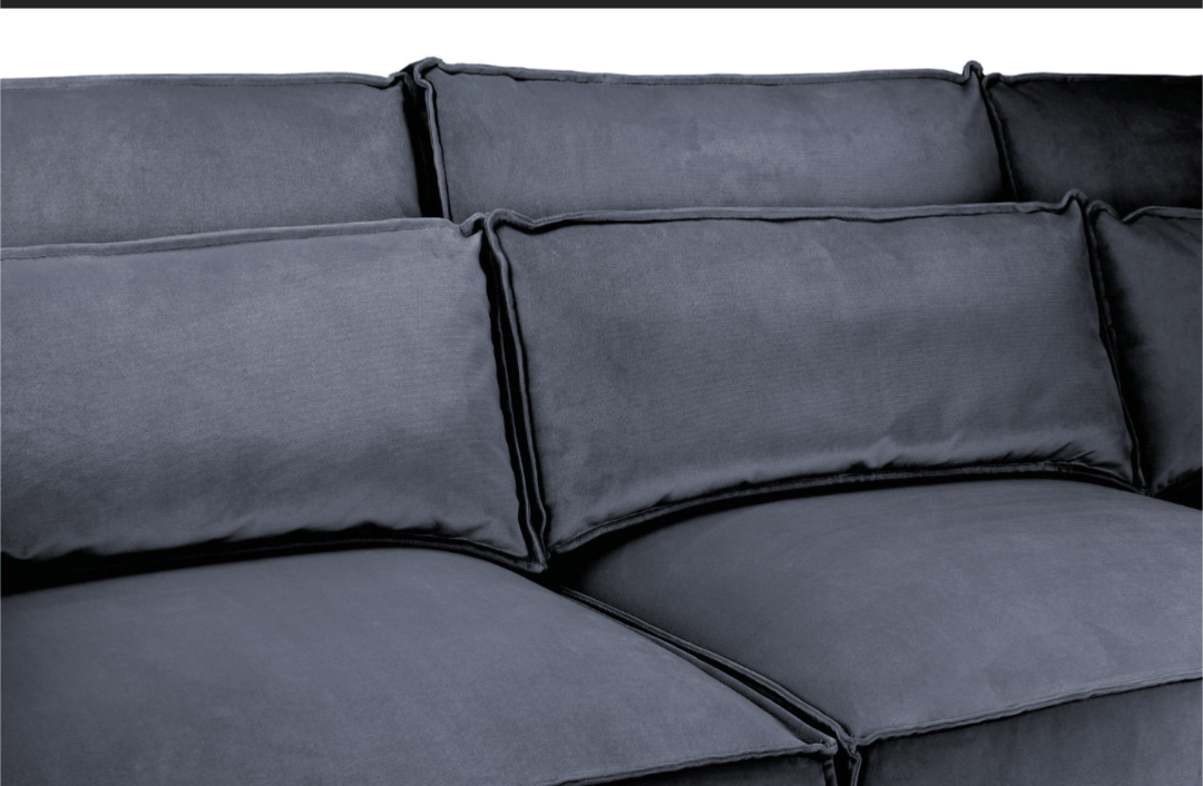 Sloane Fabric Sofa Collection in dark grey velvet fabric, showcasing plush cushions and durable design.