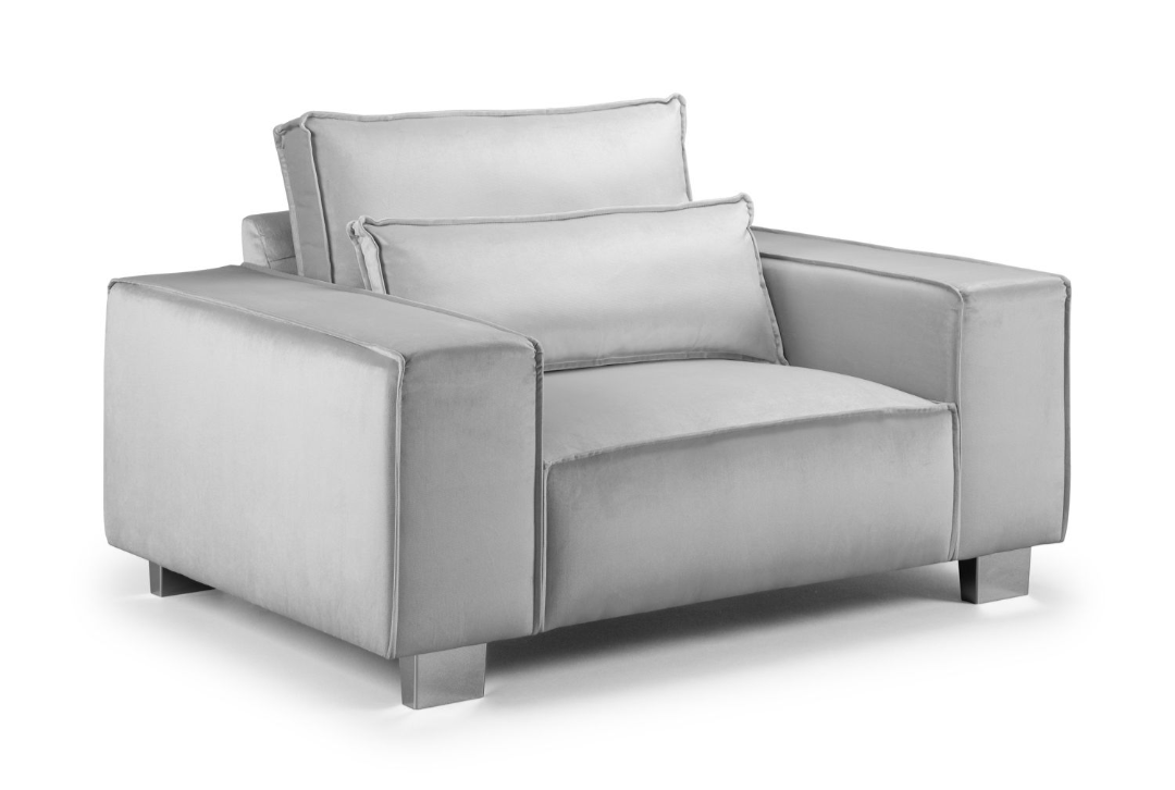 Velvet armchair from Sloane Fabric Sofa Collection in grey, with a bulky and durable design for ultimate comfort.