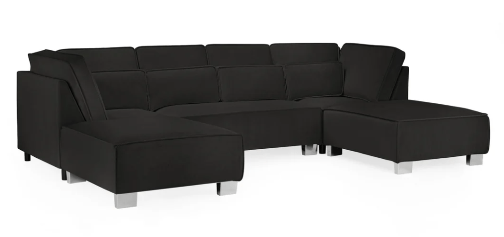 Sloane Plush Velvet U Shape Sofa in black fabric, durable and comfortable design.