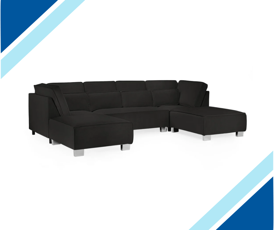 Sloane Plush Velvet U Shape Sofa in black with large and bulky design.