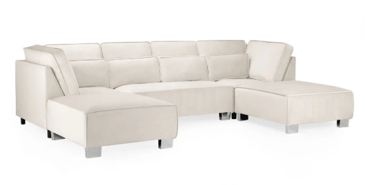 Sloane Plush Velvet U Shape Sofa in cream color, spacious and durable, ideal for relaxation.