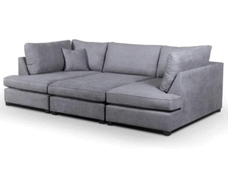 Carnabie U Shaped fabric corner sofa with footstool, modern design, premium upholstery, black feet.