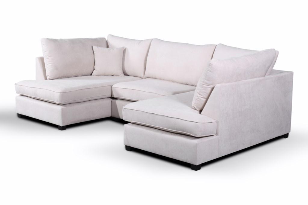 Carnabie U Shaped fabric corner sofa with matching footstool, plush cushions, black feet, modern design.
