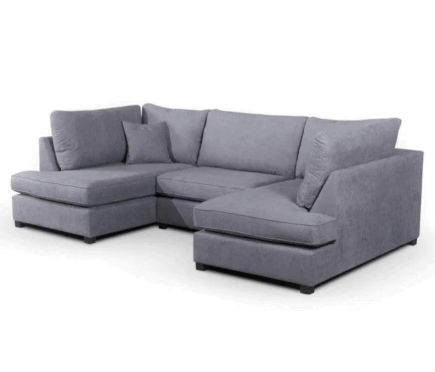 Carnabie U Shaped fabric corner sofa with footstool, sleek grey upholstery, black feet, spacious seating.