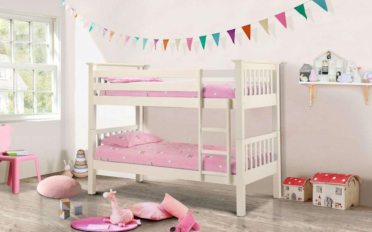 Solid pine Barcelona Bunk Bed in white finish, children's room decor.