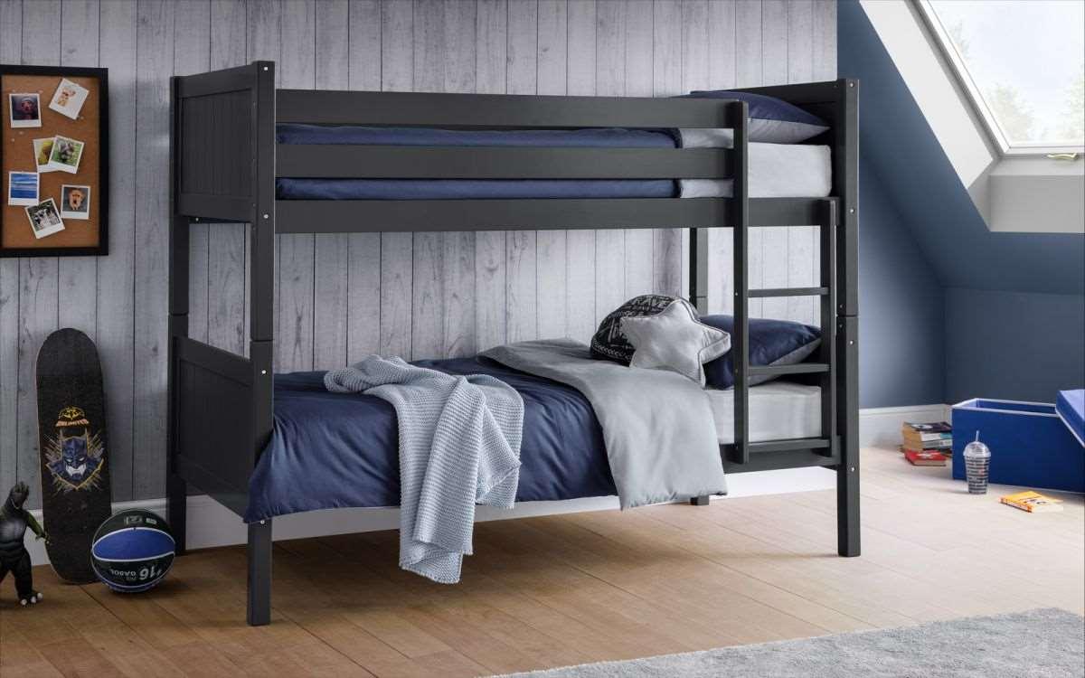 Bella Bunk Bed in anthracite finish, solid pine and MDF, ideal for shared bedrooms.