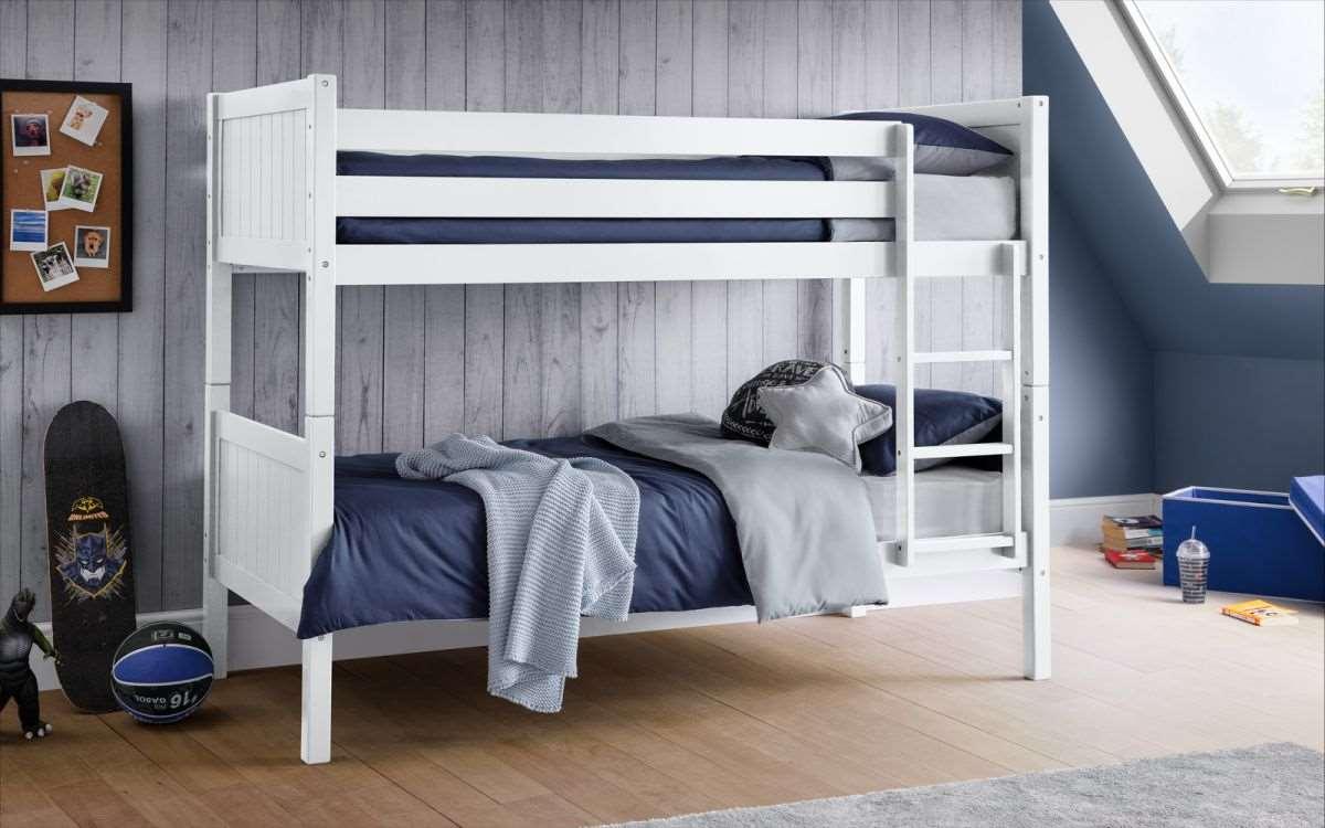 Bella Bunk Bed in white finish with panelled headboard and footboard, fits two single mattresses.