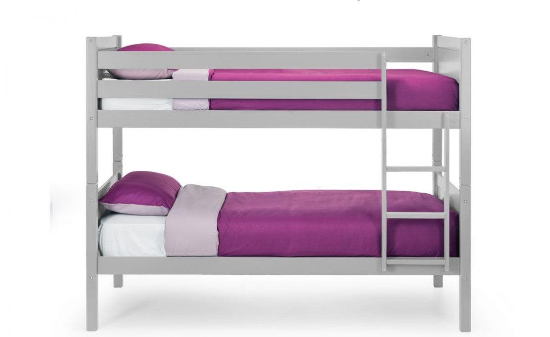 Bella Bunk Bed with purple bedding in white finish.