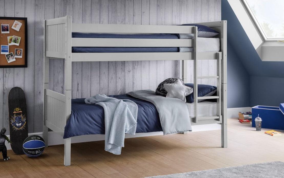 Bella Bunk Bed in a white lacquer finish with panelled headboard and footboard.