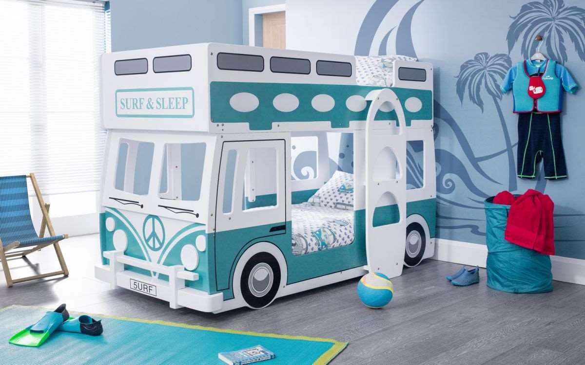 Campervan Wooden Bunk Bed with surfboard ladder and steering wheel in a child's bedroom.