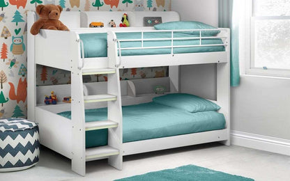 Domino Wooden Bunk Bed with integrated shelving and luminous ladder steps in white, ideal for children's room.