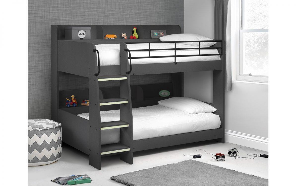 Stylish grey Domino Wooden Bunk Bed with shelving and glow-in-the-dark ladder steps.