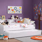 Grace Wooden Day Bed with Trundle, white design, children's room with storage shelves.