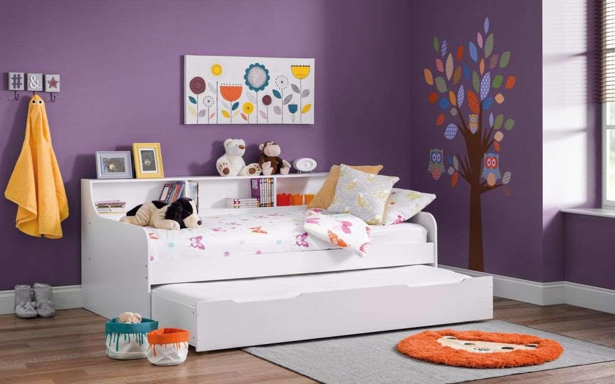 Grace Wooden Day Bed with Trundle, white design, children's room with storage shelves.