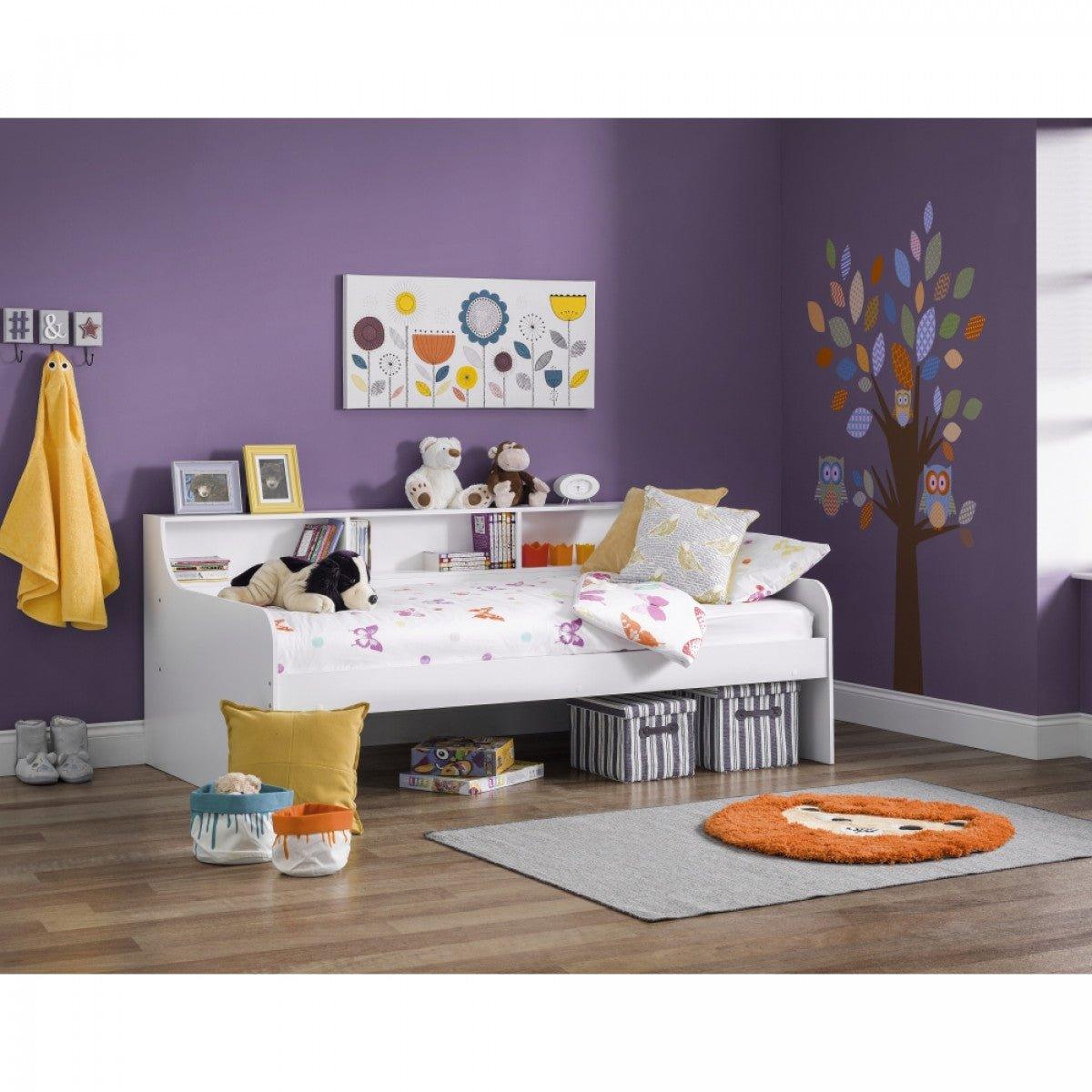 Grace Wooden Day Bed with trundle option and shelving in children's room.