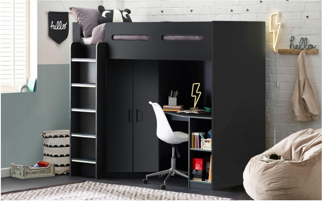 Hercules High Sleeper Children's Bunk Bed with angled wardrobe, built-in shelving, and glow-in-the-dark steps in anthracite finish.