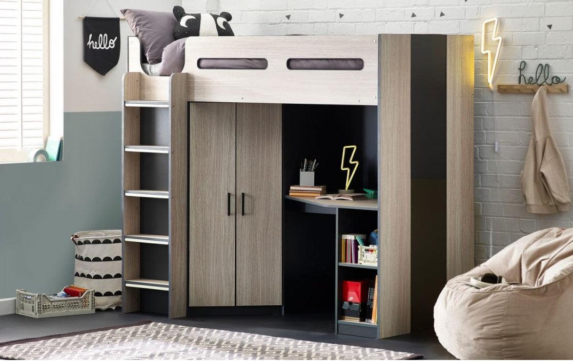 Hercules High Sleeper Children's Bunk Bed with angled wardrobe and shelving, glow-in-the-dark steps, woodgrain and anthracite finish.