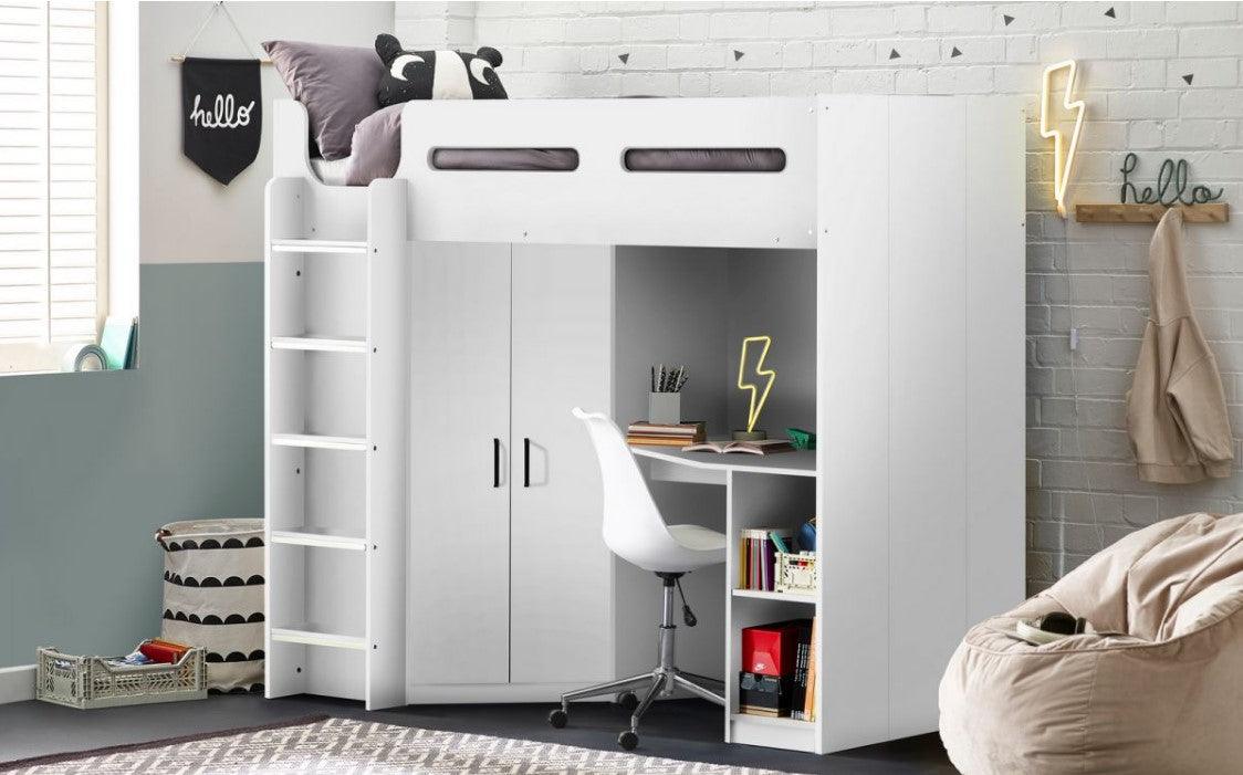 Hercules High Sleeper children's bunk bed with wardrobe, shelving, and glow-in-the-dark steps in a modern room.