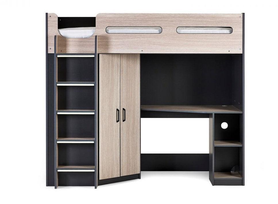 Hercules High Sleeper Children's Bunk Bed with angled wardrobe, shelving, and glow-in-the-dark steps in woodgrain and anthracite finish.