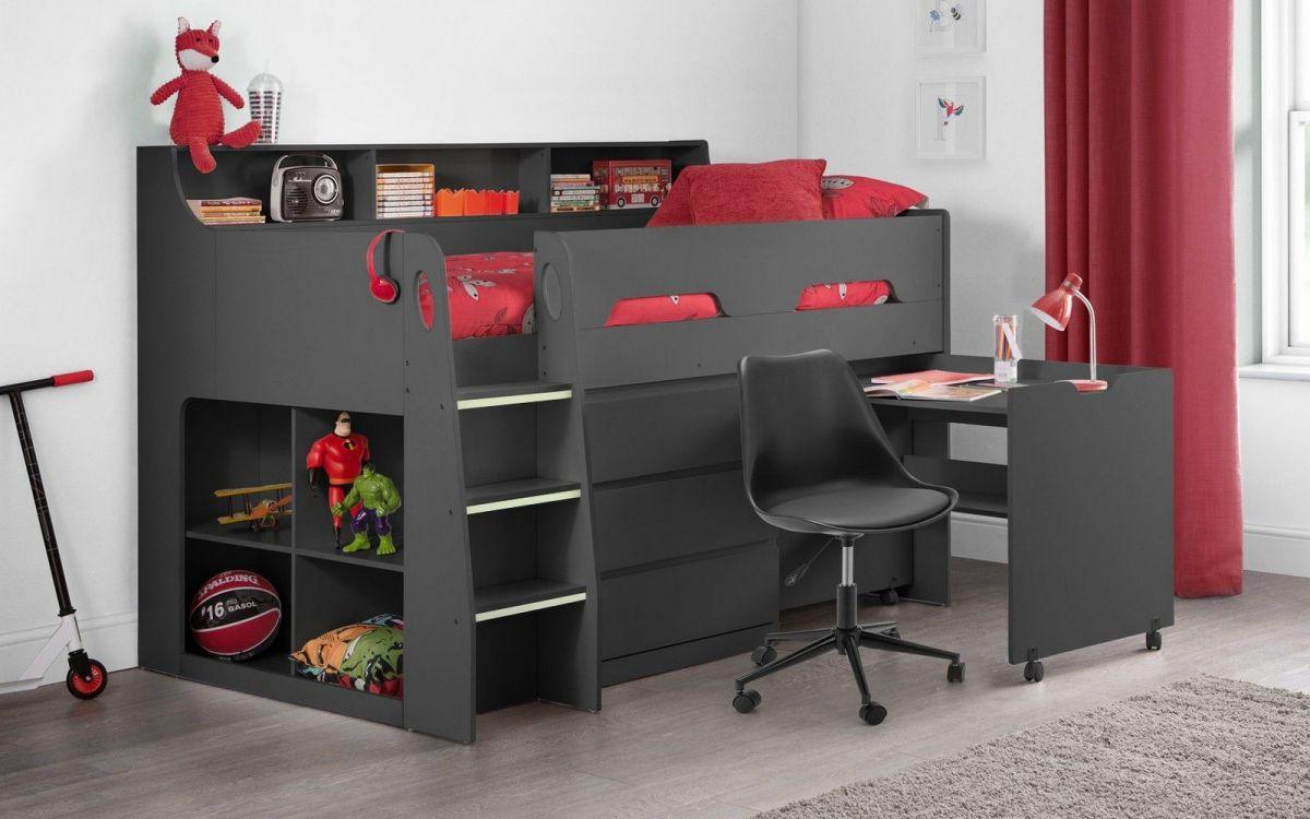 Jupiter Wooden Mid Sleeper in anthracite with pull-out desk and shelves, perfect for kids' bedroom.