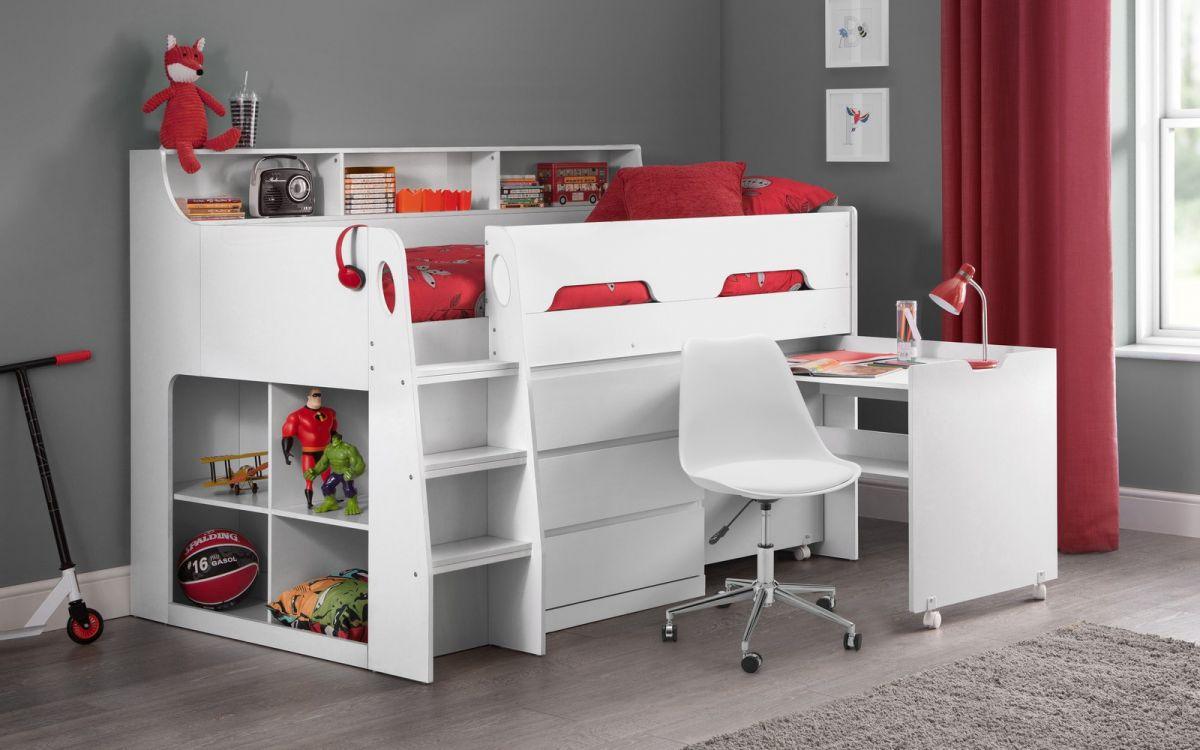 Jupiter Wooden Mid Sleeper with integrated drawers, shelves, pull-out desk, and safety ladder in white finish for kids' bedroom.