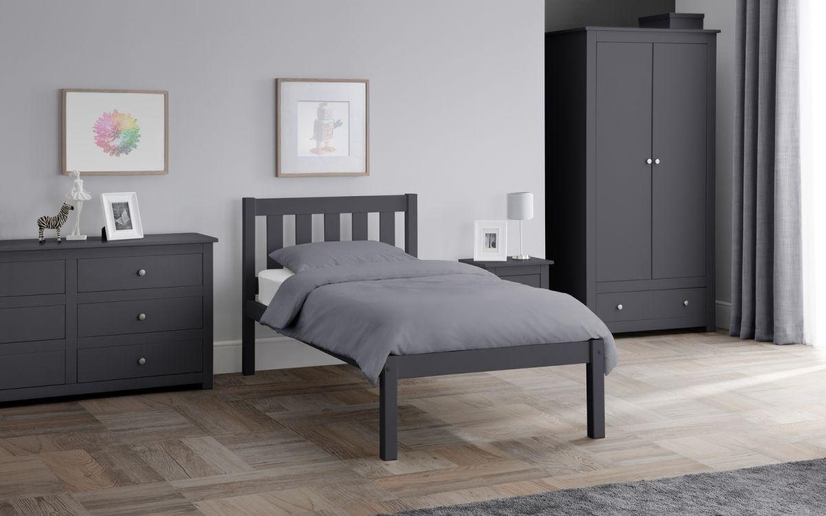 Luna Wooden Bed Frame in grey, matching bedroom decor, solid pine with slatted base.