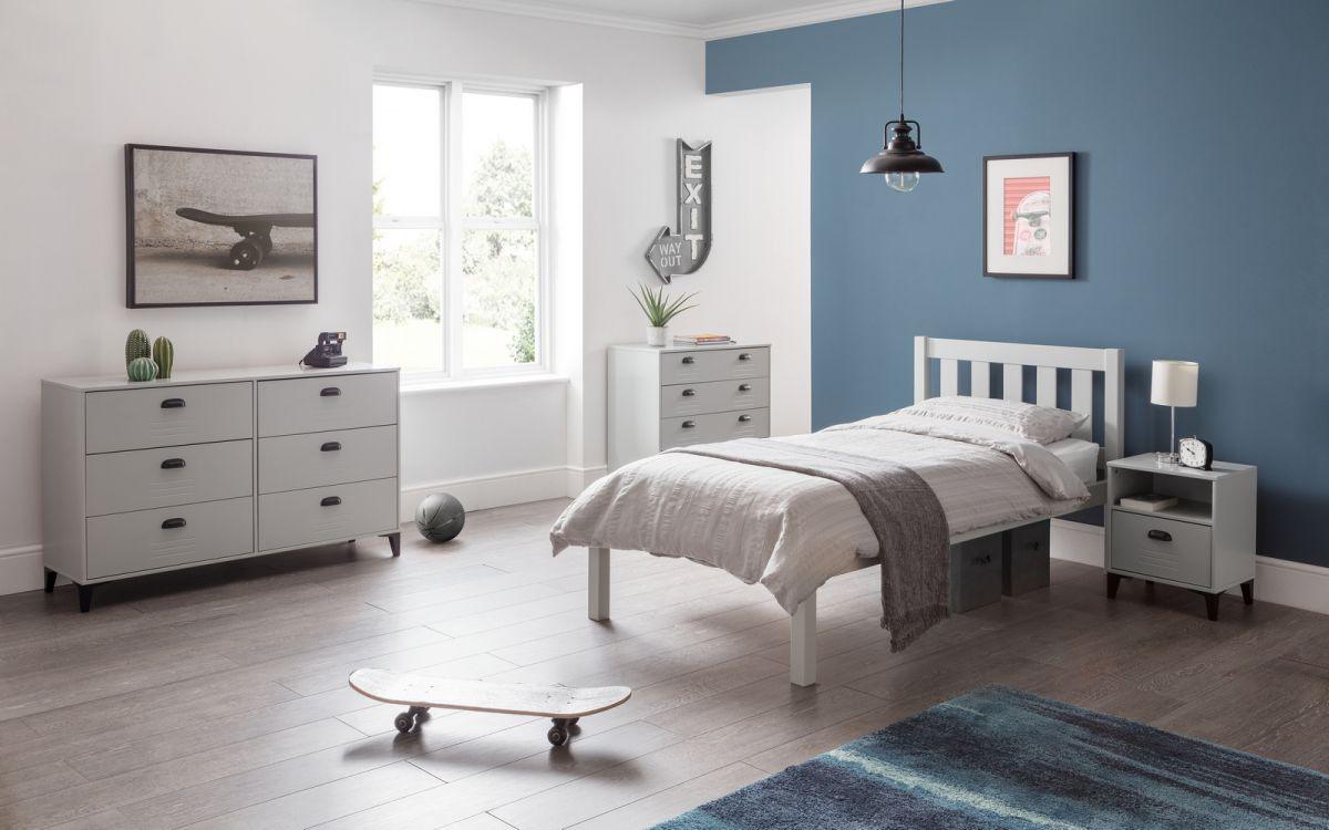 Luna Wooden Bed Frame in modern bedroom setting with grey and white decor.