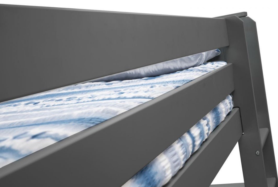 Close-up of the Maine Wooden Bunk Bed railing with a Nordic-inspired design, grey finish, and bedding.