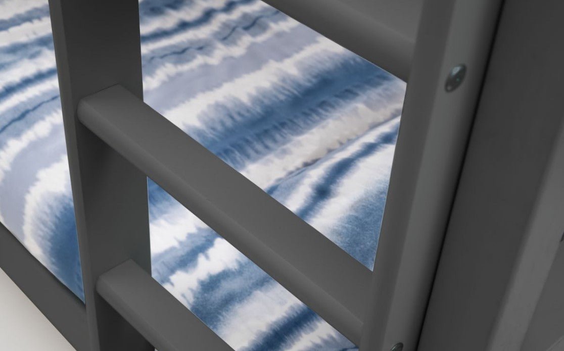 Maine Wooden Bunk Bed with blue and white bedding, detail view.