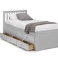 Wooden bed frame with storage drawers and slatted headboard in white lacquer finish.