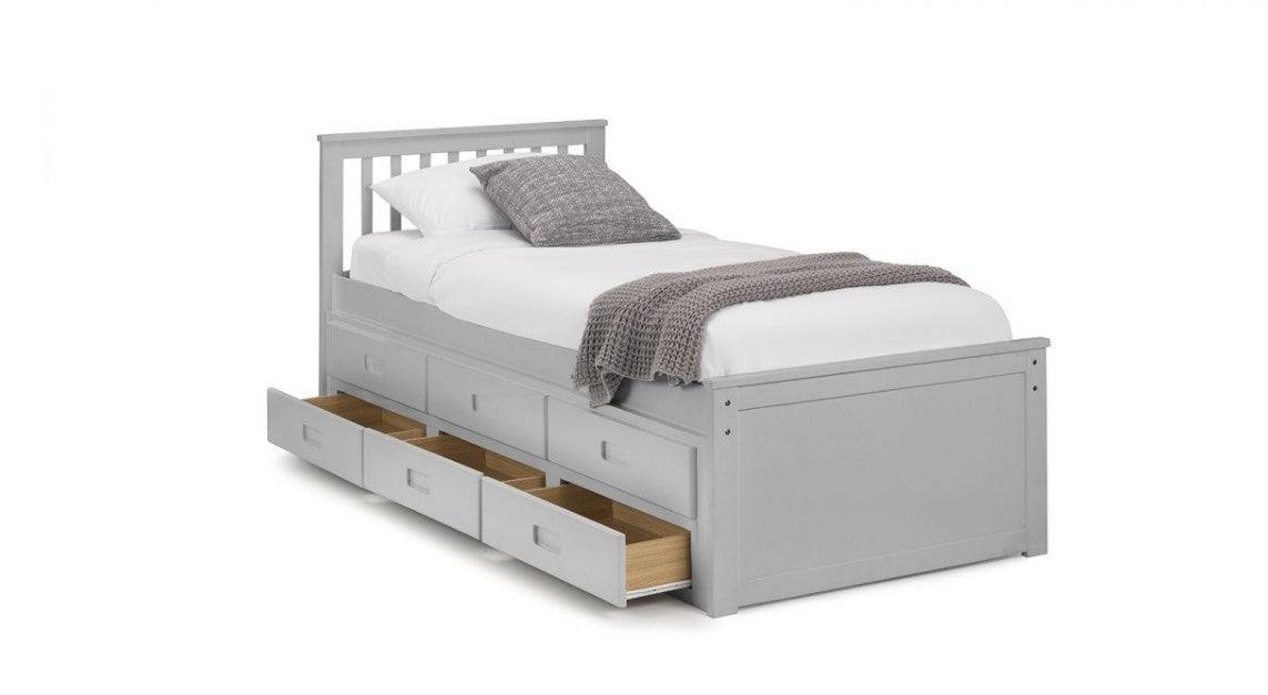 Wooden bed frame with storage drawers and slatted headboard in white lacquer finish.