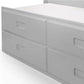 White wooden bed frame with storage drawers and pull-out under bed.