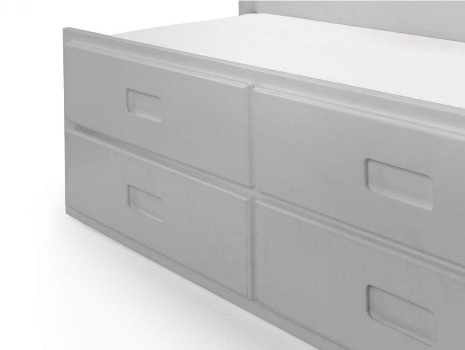 White wooden bed frame with storage drawers and pull-out under bed.