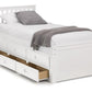 White wooden underbed with storage drawers and slatted headboard.