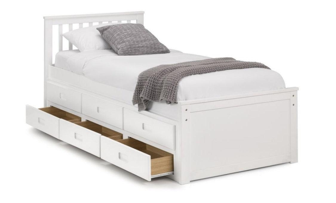 White wooden underbed with storage drawers and slatted headboard.