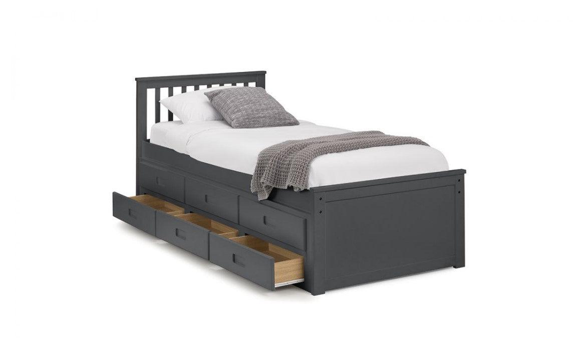 Crisp white wooden bed frame with pull-out underbed and storage drawers.