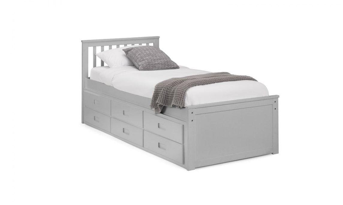 White wooden bed with slatted headboard, underbed pull-out, and storage drawers.