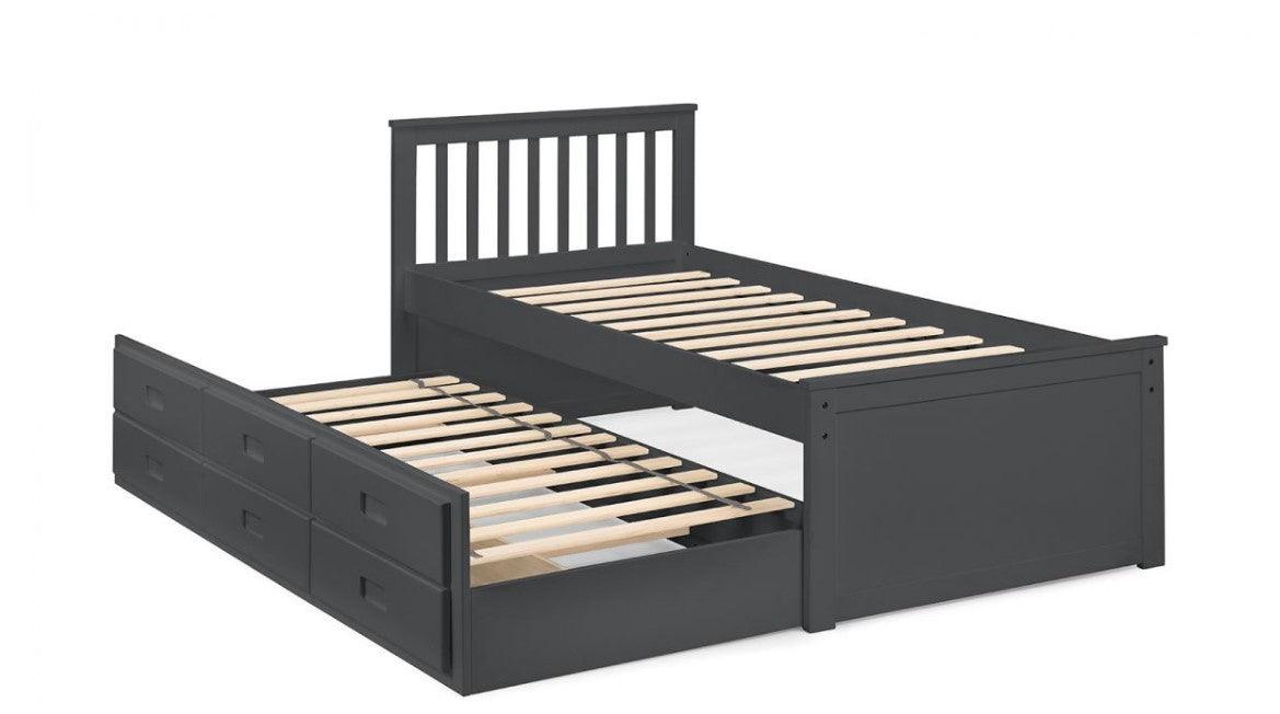 Crisp white wooden bed frame with slatted headboard, pull-out underbed, and storage drawers.