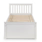 White wooden storage bed frame with a slatted headboard and underbed drawers.