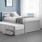 White wooden storage bed frame with pull-out underbed and drawers.