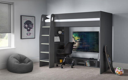 Nebula Gaming Bed with desk setup, anthracite finish, ideal for teenage gamers with TV space and shelving.