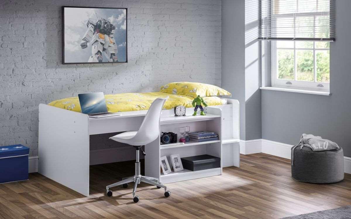 Neptune Wooden Midsleeper in grey oak, featuring a desk and shelves, space-saving design.