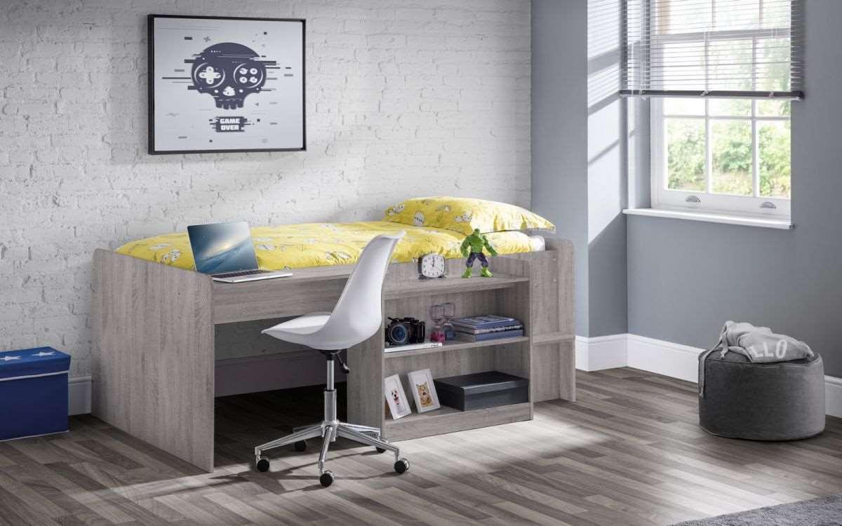 Neptune Wooden Midsleeper in grey oak with desk and shelves.