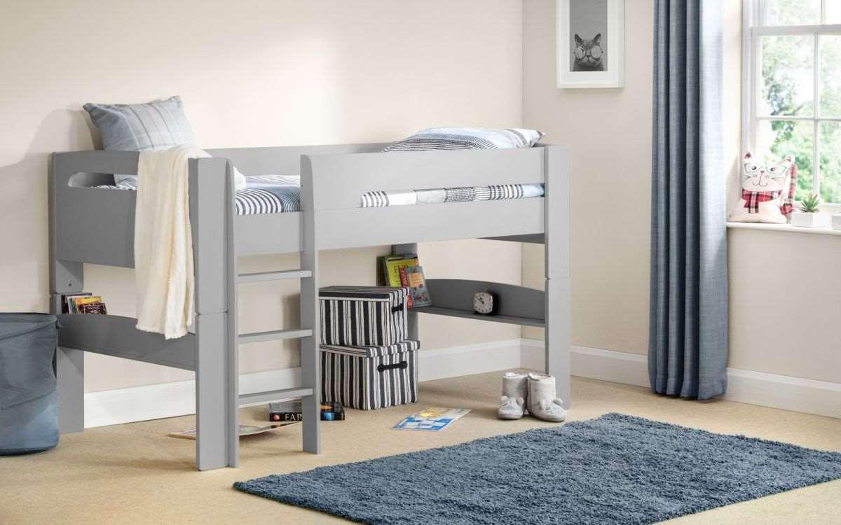 Pluto Midsleeper bed with storage, ladder, and neutral decor in kids' room.