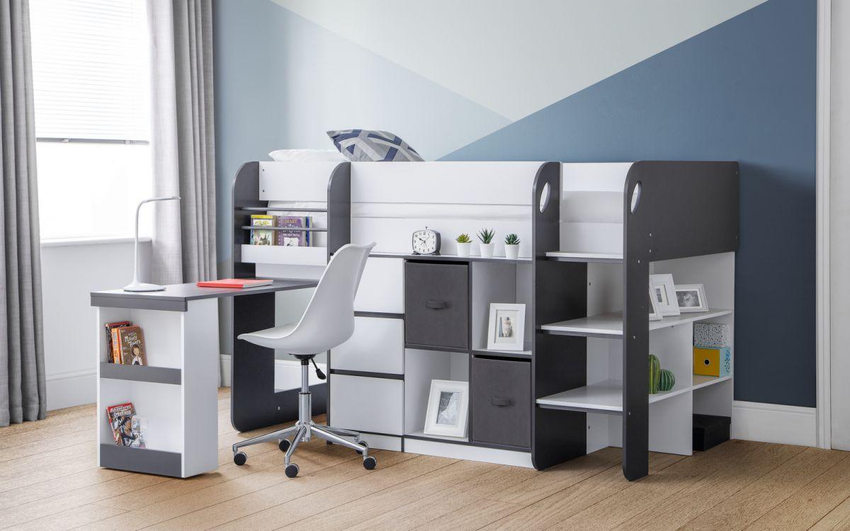 Saturn Wooden Midsleeper with storage, bookcase, and drawers in charcoal grey, white, and taupe.