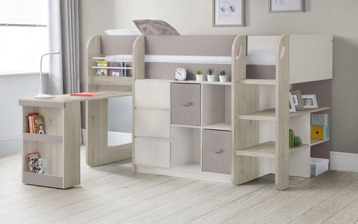 Saturn Wooden Midsleeper with storage, charcoal grey and white, space-saving kids bed.