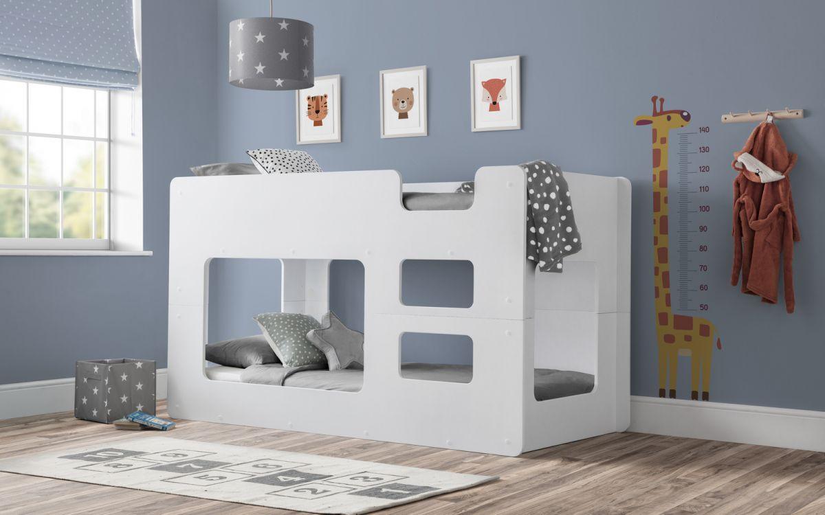 Solar Wooden Bunk Bed in white finish, modern design suitable for children's bedroom, double sleeping pod style.